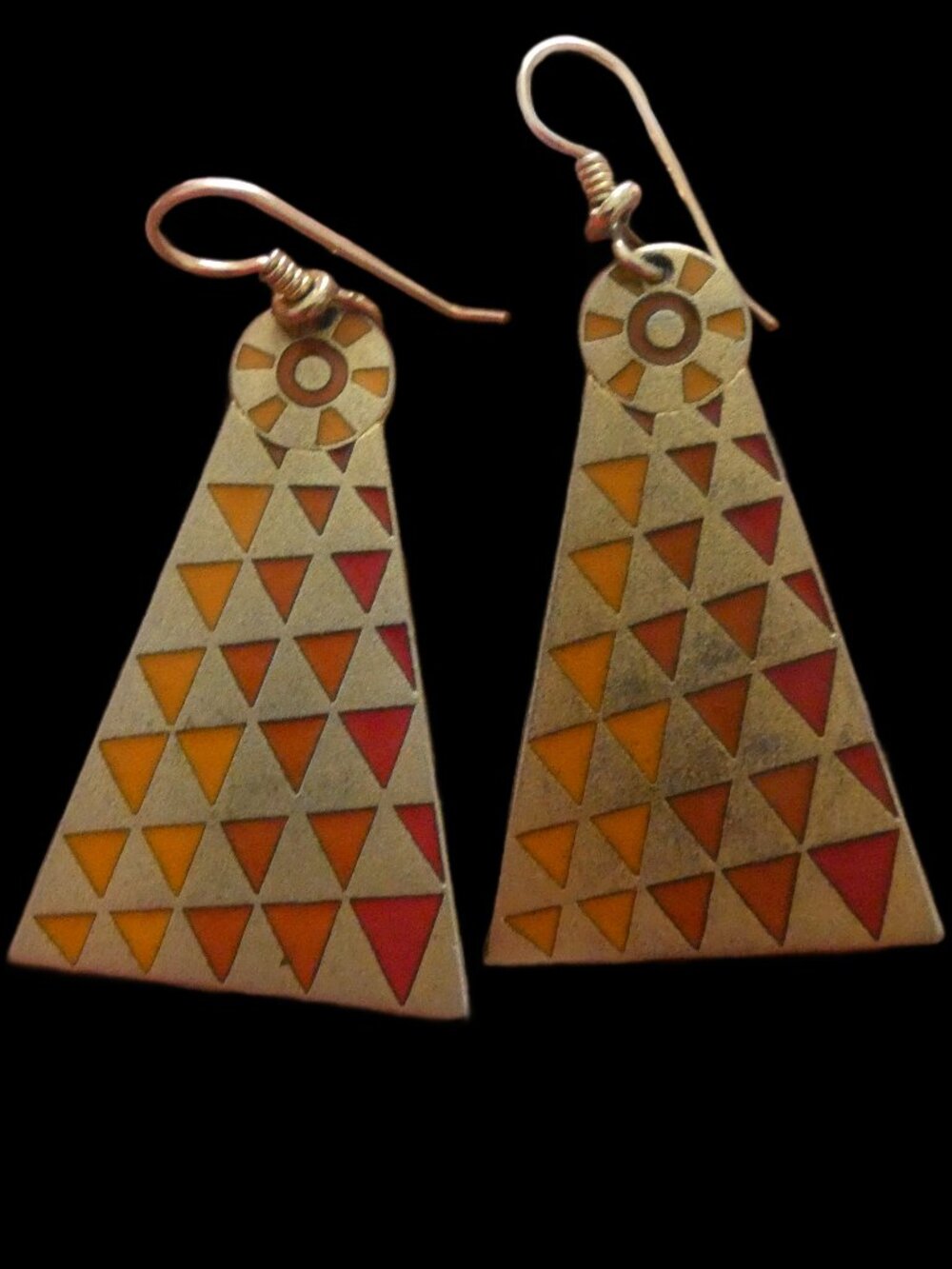 Vintage Laurel Burch Mantra Cloisonné Triangle Statement Earrings Gold Enamel